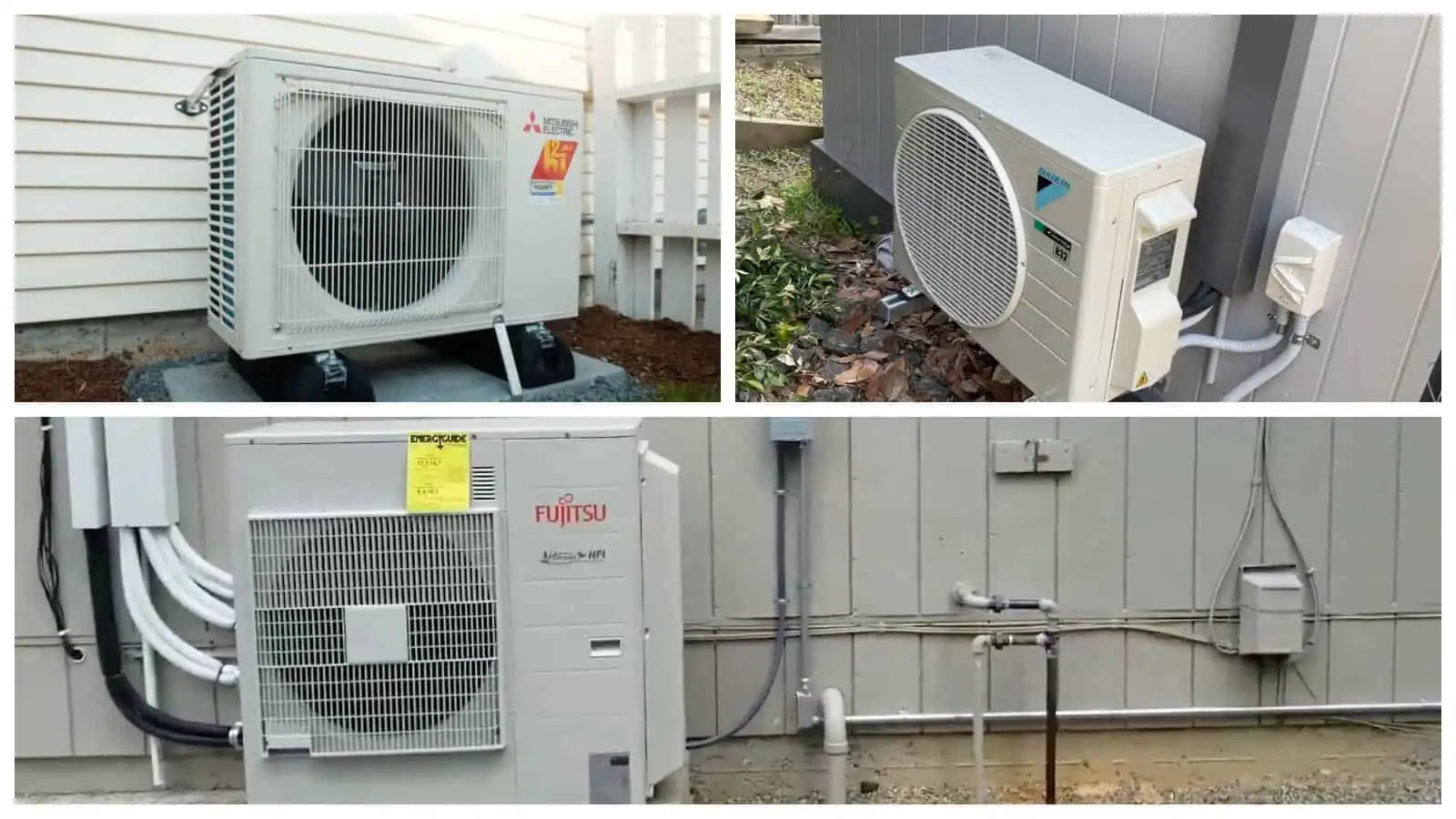 Three different outdoor HVAC units installed outside homes in Southern California.