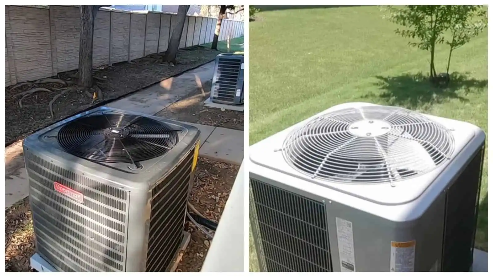Two outdoor air conditioning units on a lawn and patio area.