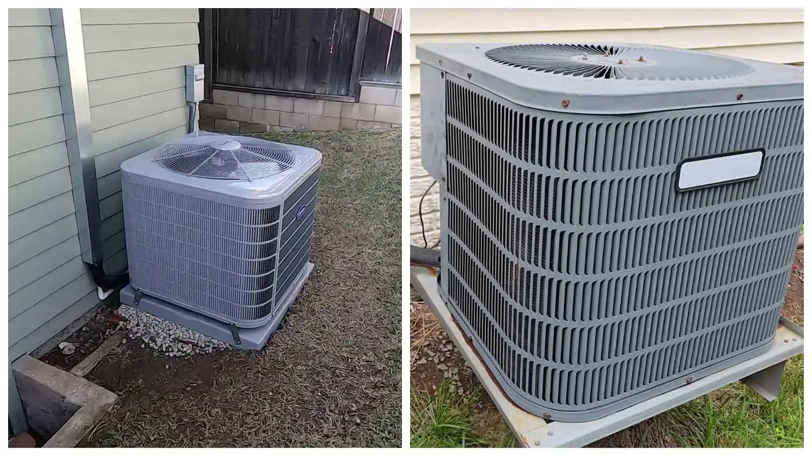 Outdoor air conditioning unit on a concrete pad outside a house.