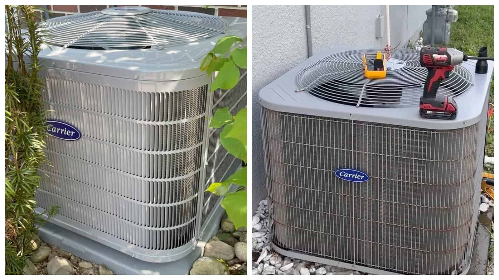 Two outdoor HVAC air conditioning units in Los Angeles area with tools on top.