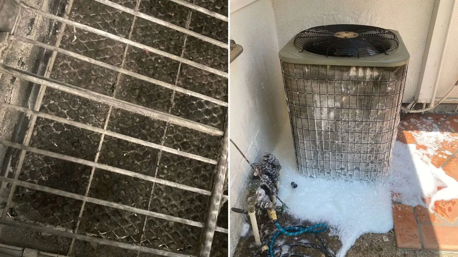 A dirty AC coil before cleaning next to the same coil after a wash