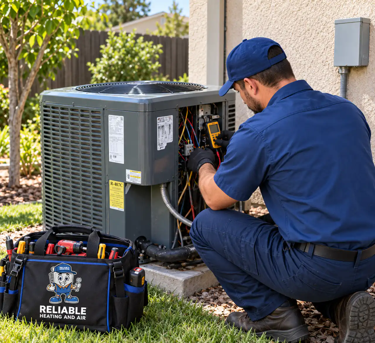 Technician testing the wiring of an outdoor AC condenser with a multimeter