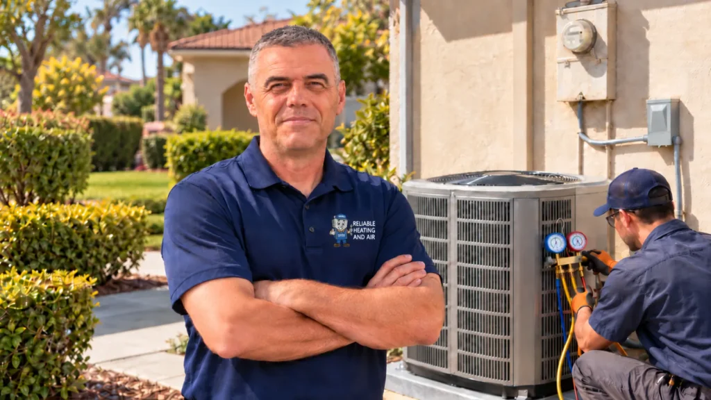 Reliable Heating and Air team member beside a new AC condenser while a technician checks refrigerant pressures at a Southern California home