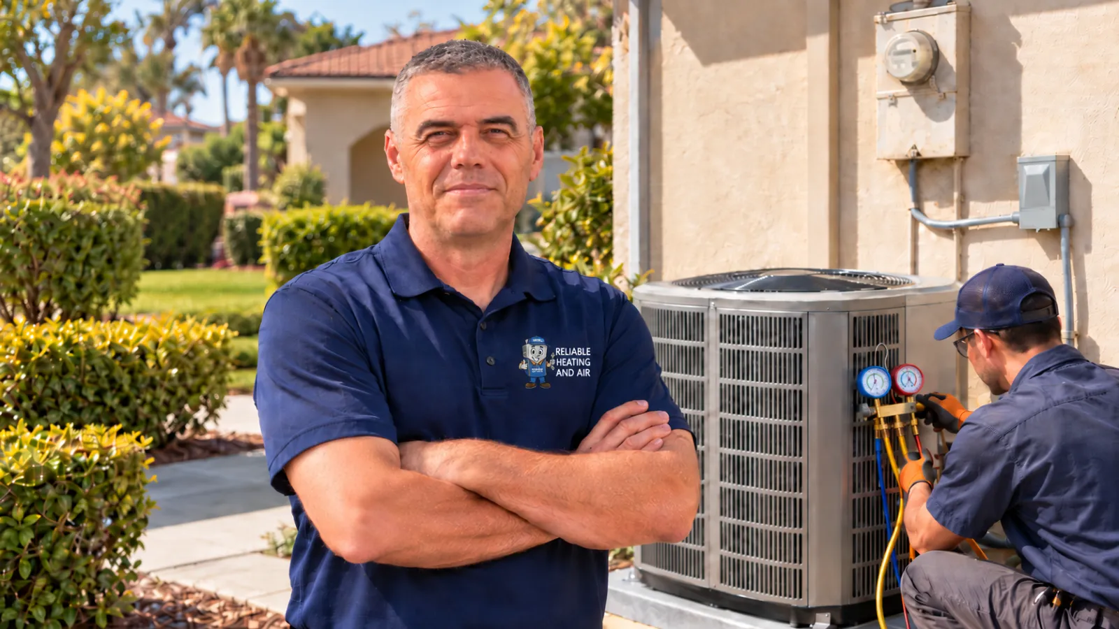 Reliable Heating and Air team member beside a new AC condenser while a technician checks refrigerant pressures